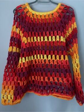 Handmade Multicolor Open-Knit Sweater - Yellow, Orange & Red